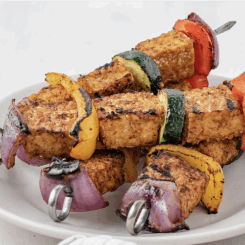 grilled tempeh and veggie skewers